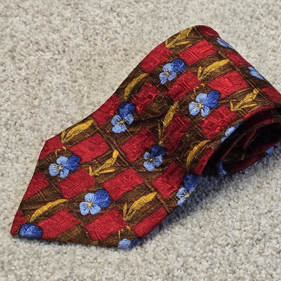 Ermenegildo Zegna Silk Tie Red Brown‎ Plaid Floral Blue Italy Luxury Necktie - Picture 7 of 9